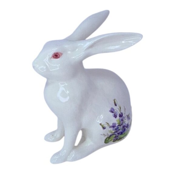 1980s Hand Painted White Rabbit Figurine Purple Violets Flowers Signed Ceramic - Picture 3 of 10
